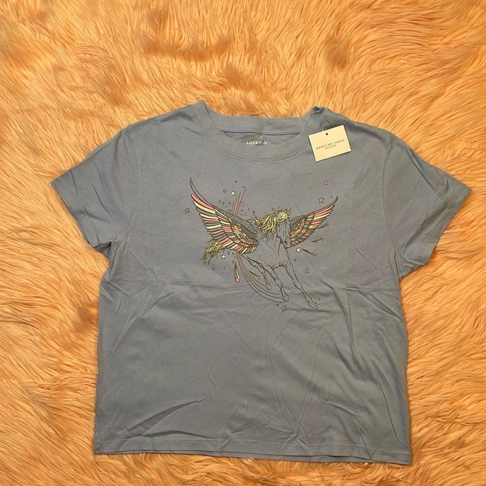 NWT American Eagle Light Blue Unicorn Graphic Crewneck Tee Shirt Size Medium